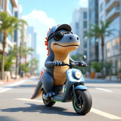 Primary subject: A cartoon dinosaur riding a motor scooter.

Setting/background: A city street with buildings in the background.

Visual style: Digital art.

Colors and mood: The image is in color, with a lively and fun atmosphere.